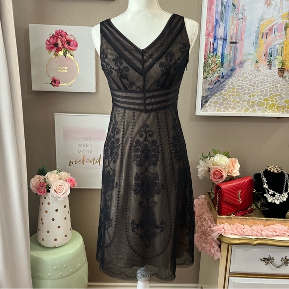 LOFT Lace floral Sequin Mesh overlay dress size 0P - Picture 3 of 5